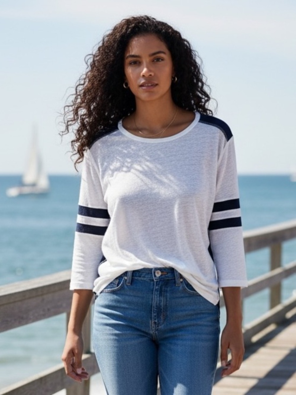 🤍 J.Crew 100% Linen Colorblock Baseball Tee XS Navy White 3/4 Sleeve